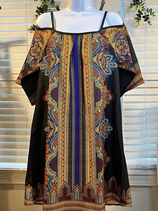 Dresses & Skirts - Boho Off-Shoulder Tunic Dress - Black with Multicolor Tribal Print